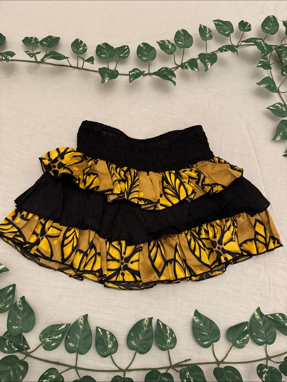 Double Zero Black and Yellow Tiered Ruffle Mini Skirt